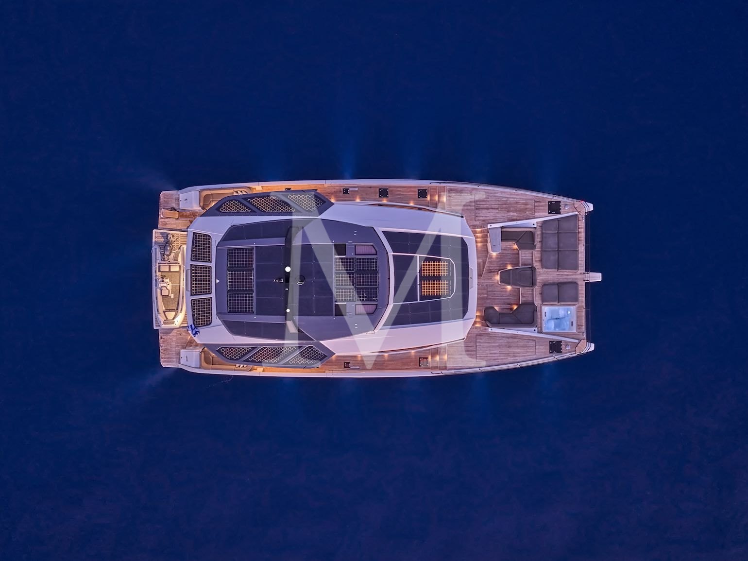 food on Power catamaran Charter in greece New Christal MIO 80 aerial