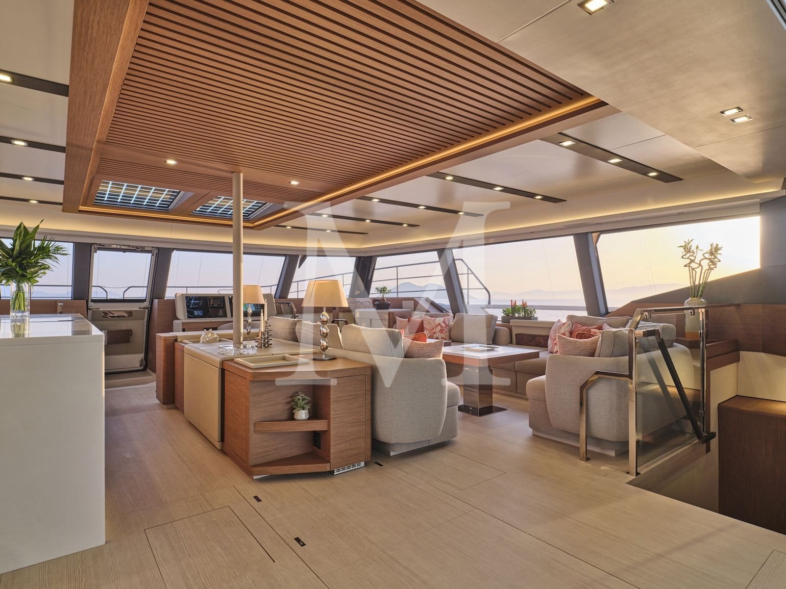 charter yacht New power catamaran Christal MIO 80 Greece_sunset_salon_2