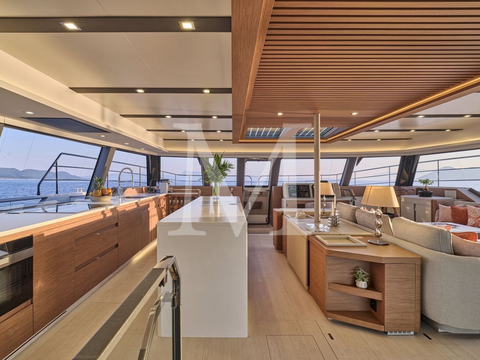 charter yacht New power catamaran Christal MIO 80 Greece_sunset_salon_3