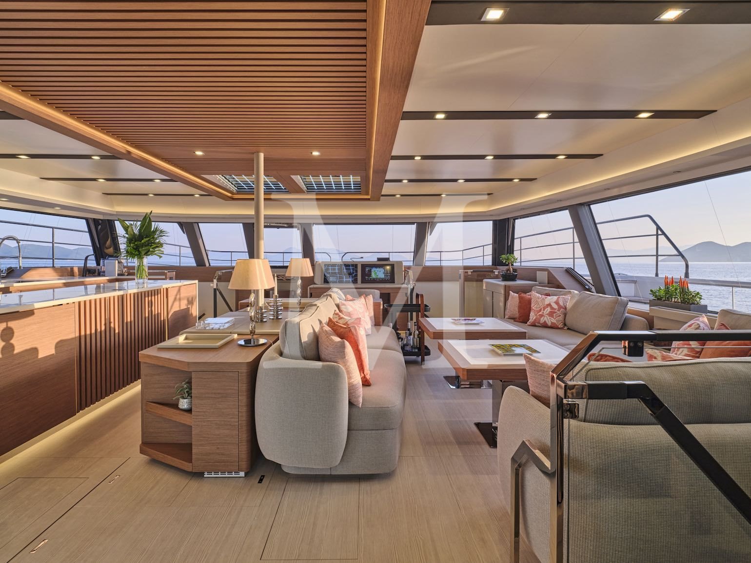 charter yacht New power catamaran Christal MIO 80 Greece_sunset_salon_4