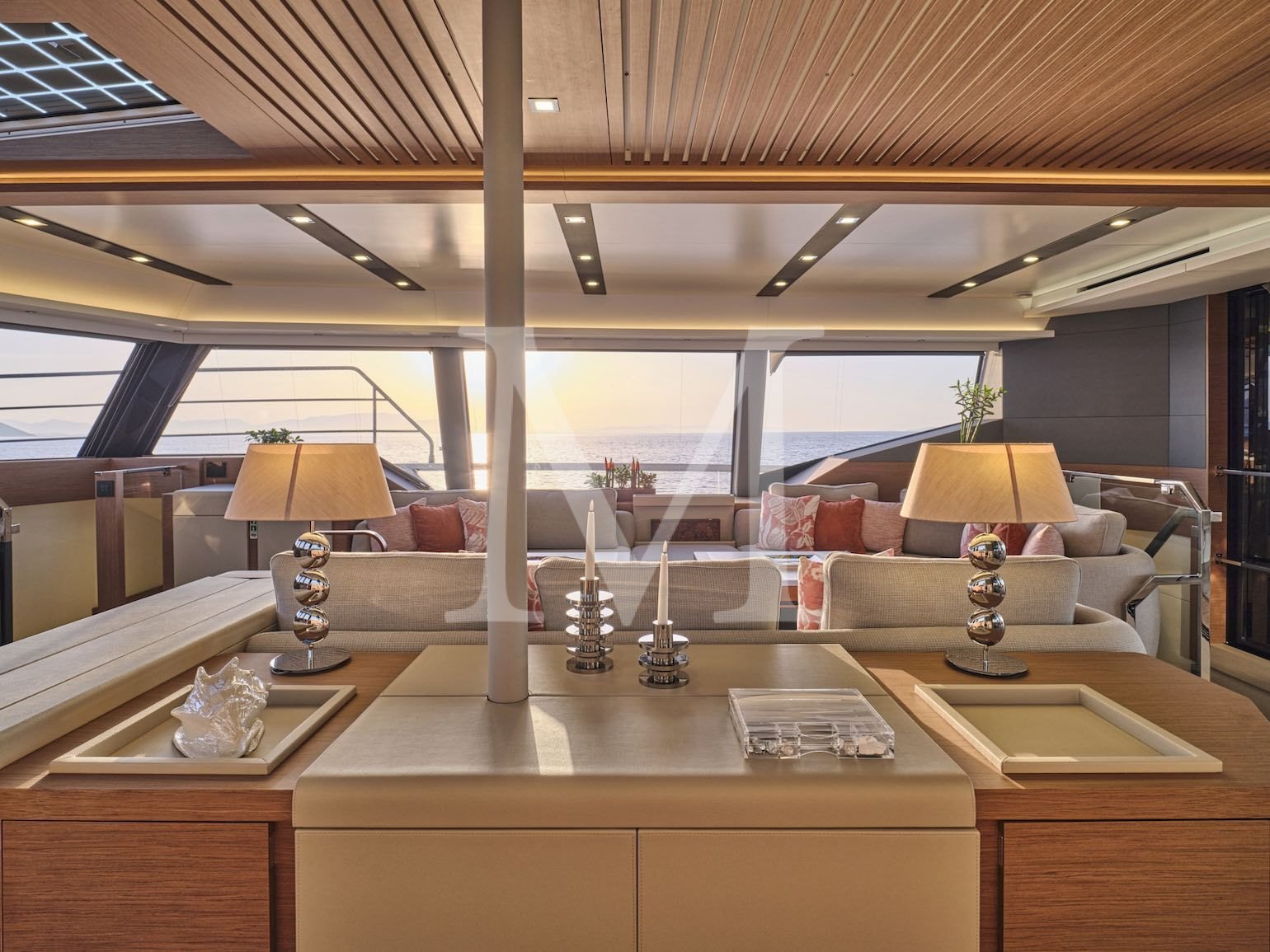 charter yacht New power catamaran Christal MIO 80 Greece_sunset_salon_5