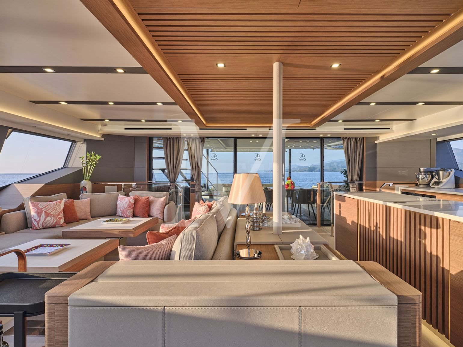 charter yacht New power catamaran Christal MIO 80 Greece_sunset_salon_6