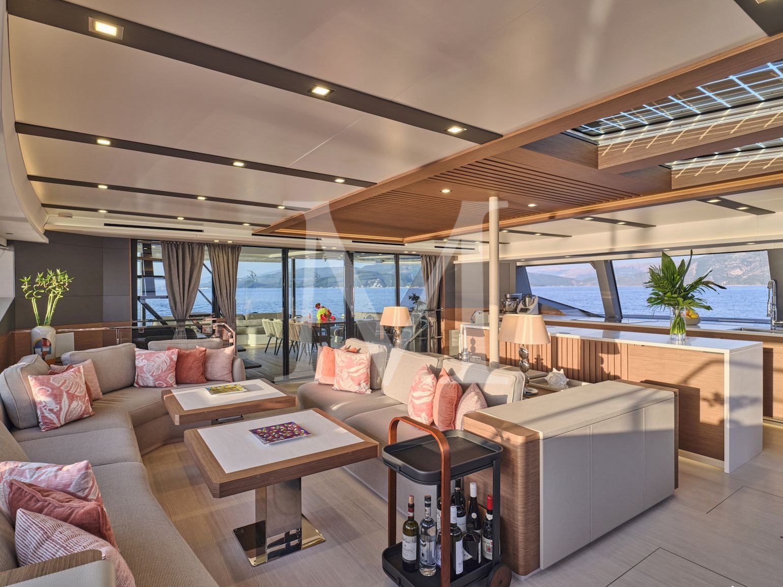 charter yacht New power catamaran Christal MIO 80 Greece_sunset_salon_8