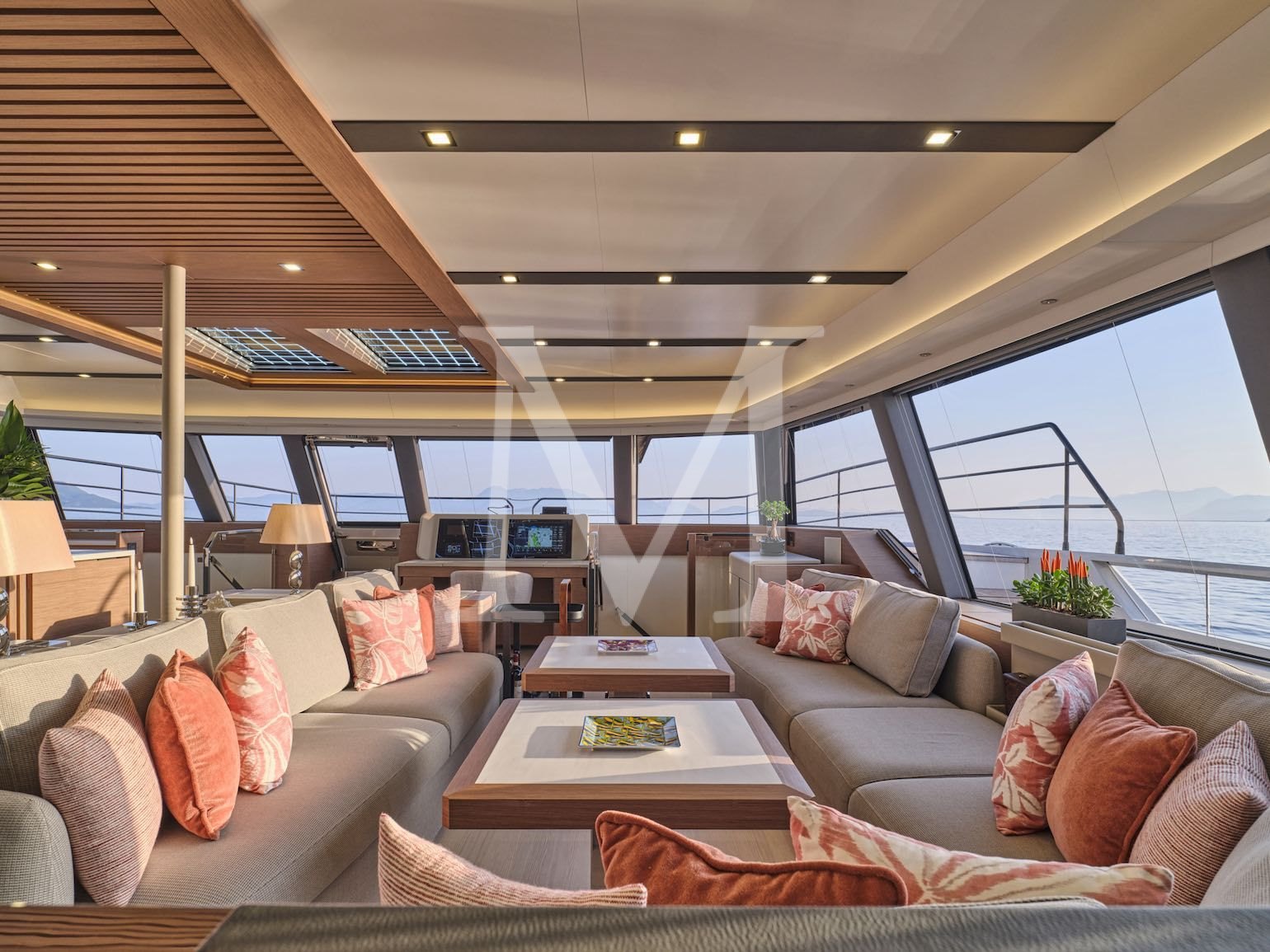 charter yacht New power catamaran Christal MIO 80 Greece_sunset_salon_9