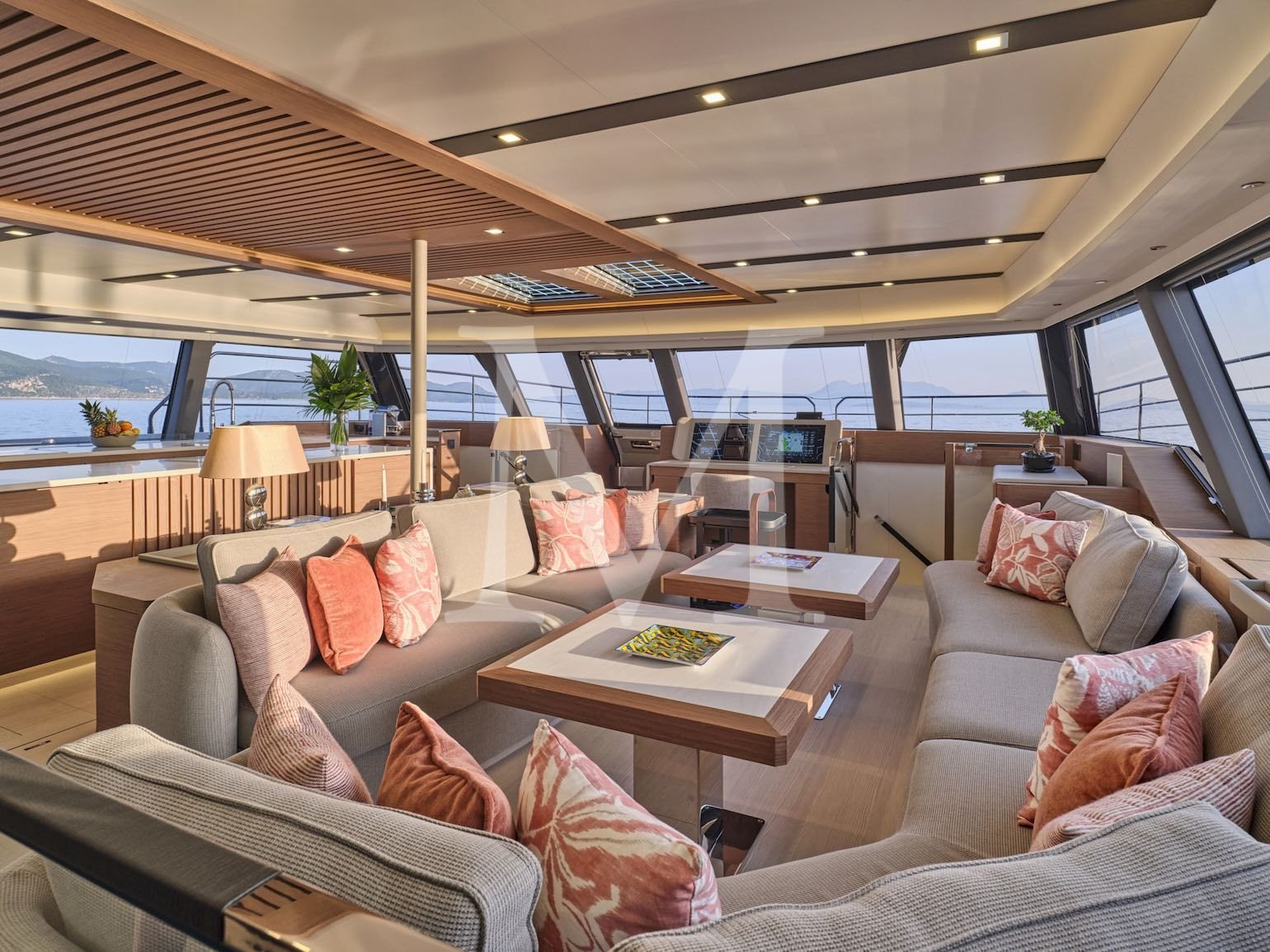 charter yacht New power catamaran Christal MIO 80 Greece_sunset_salon_10