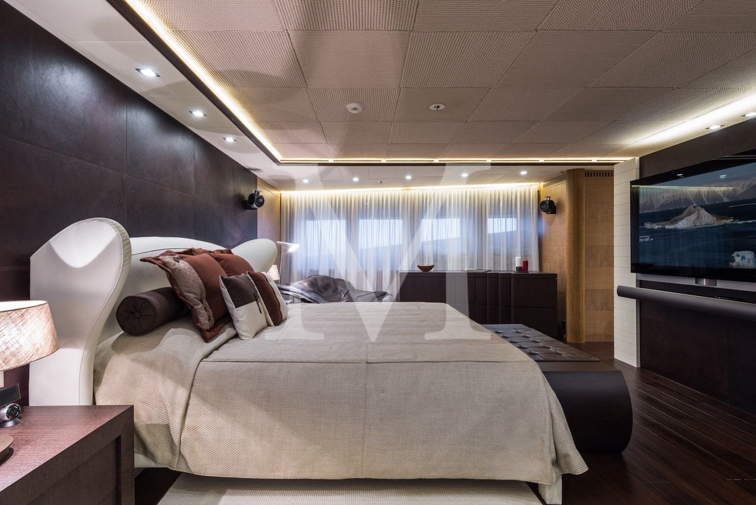 the 50m I Nova explorer main deck Owner's suite king bed