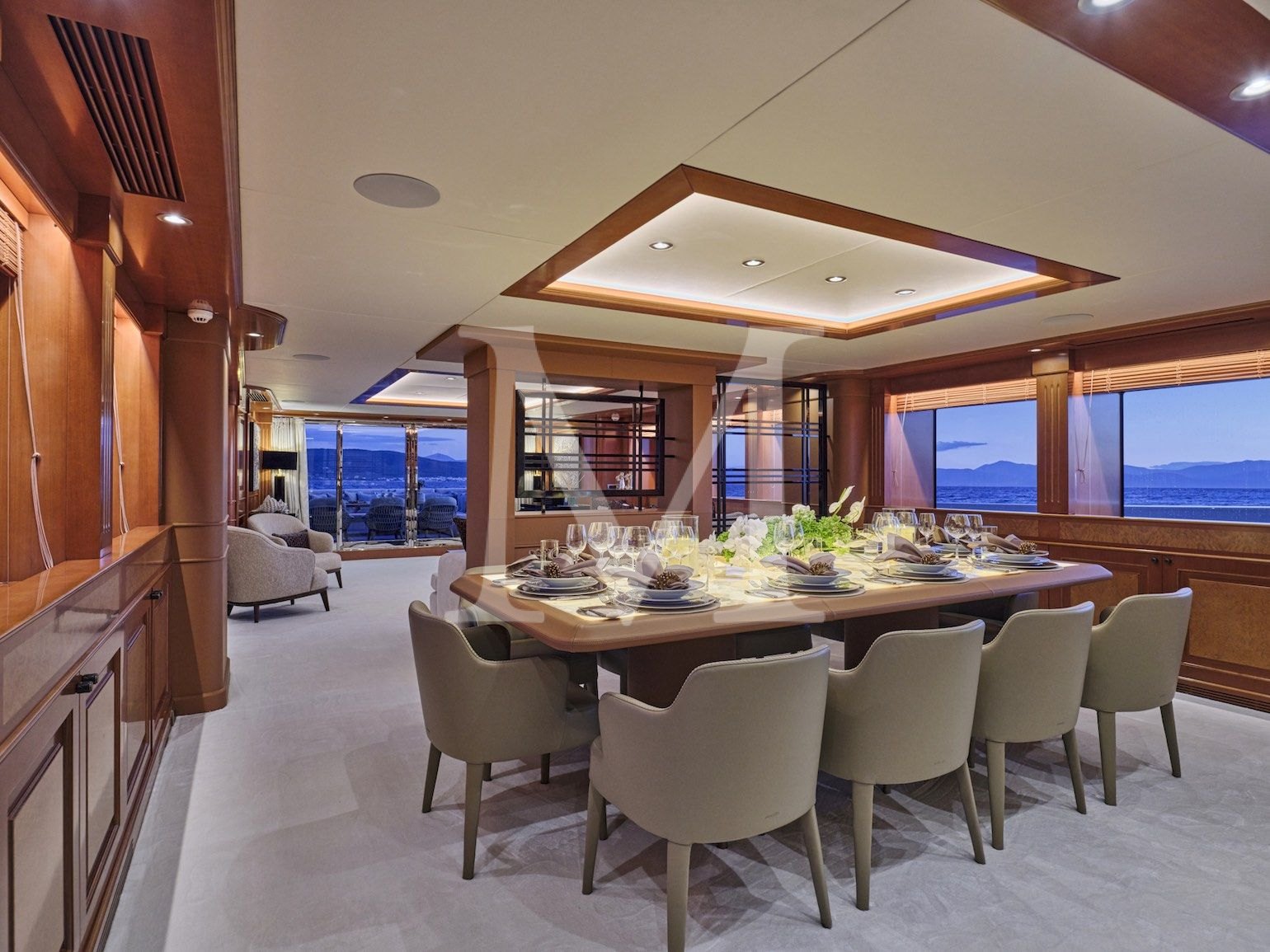 Celia P yacht dining salon aft looking