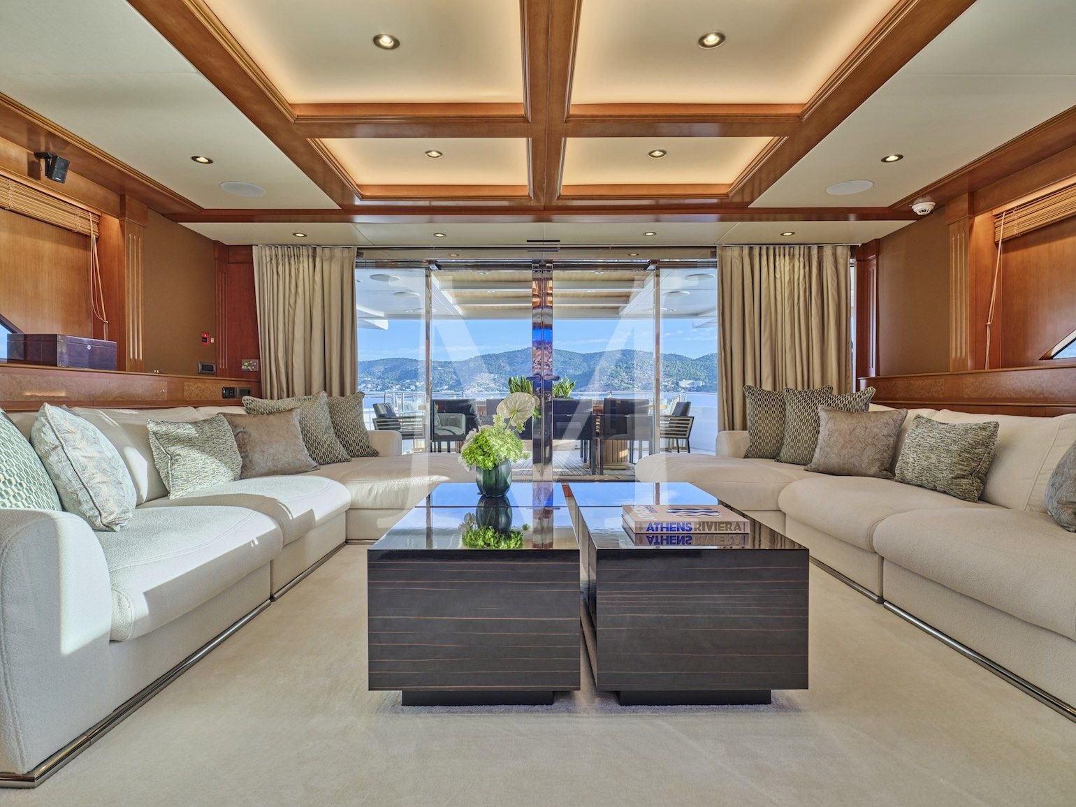 Celia P yacht upper salon aft looking