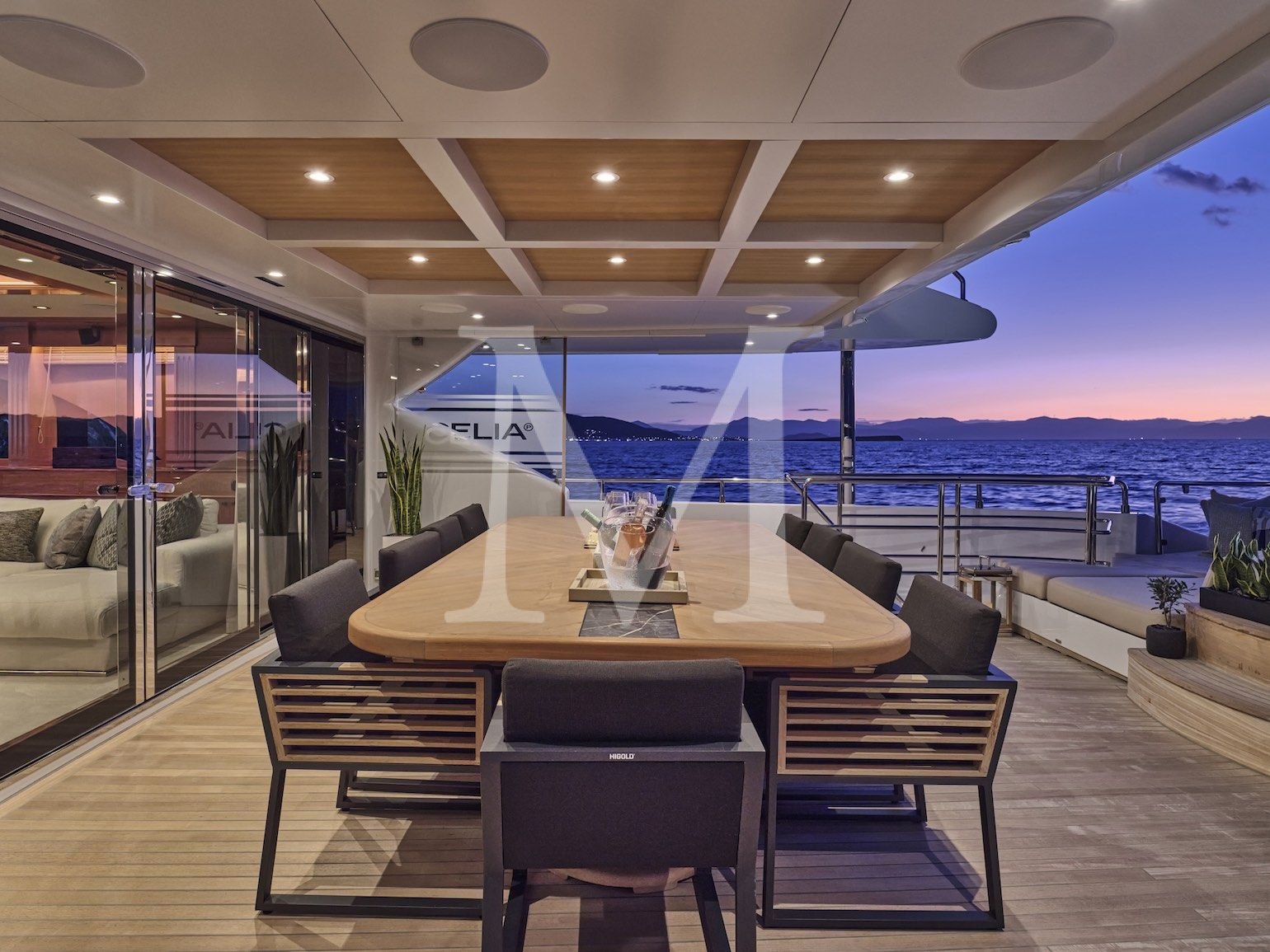 Yacht Celia P charter upper deck aft sunset