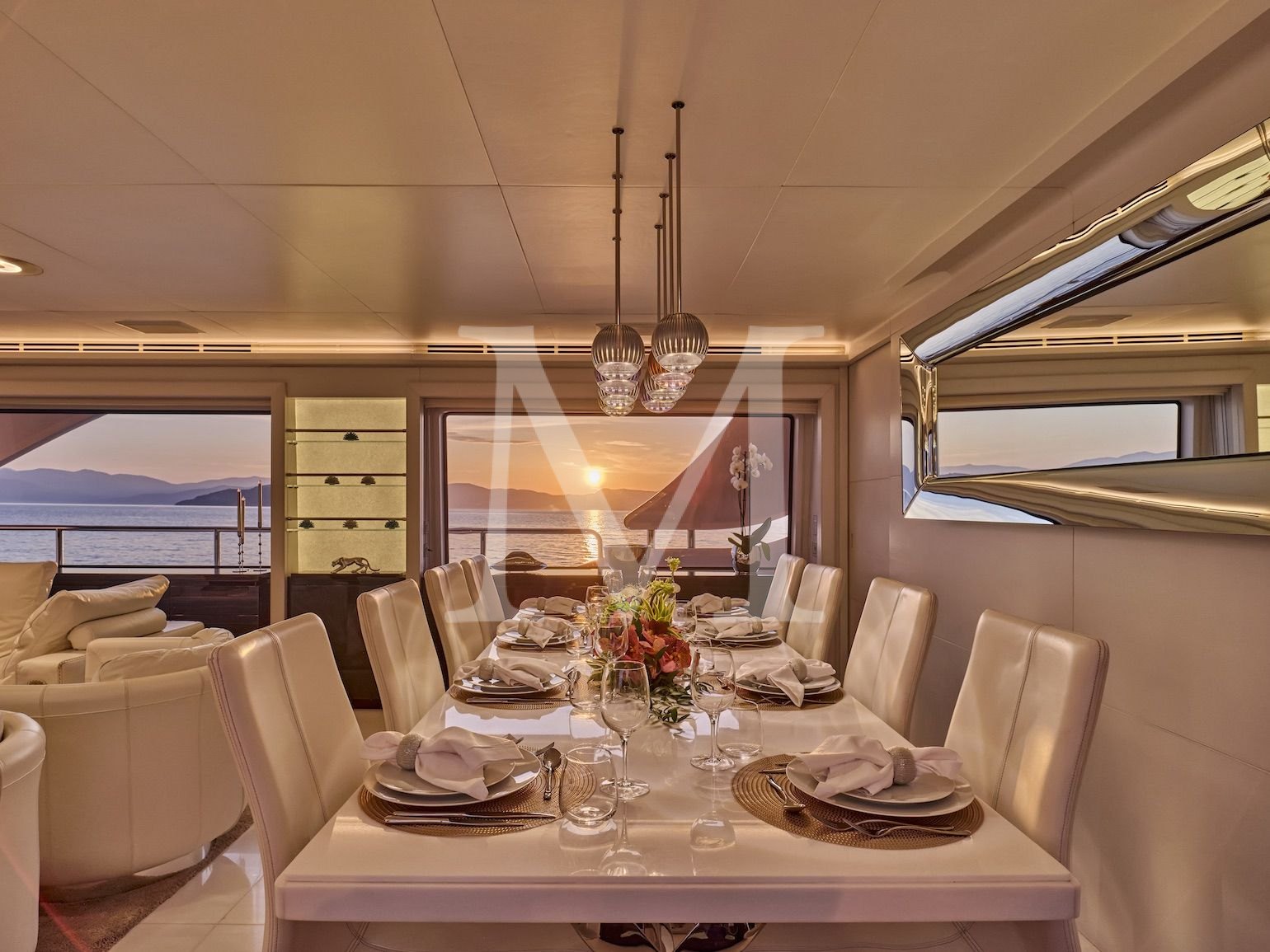 GALA I yacht charter greece, fendi interior, salon, sunset