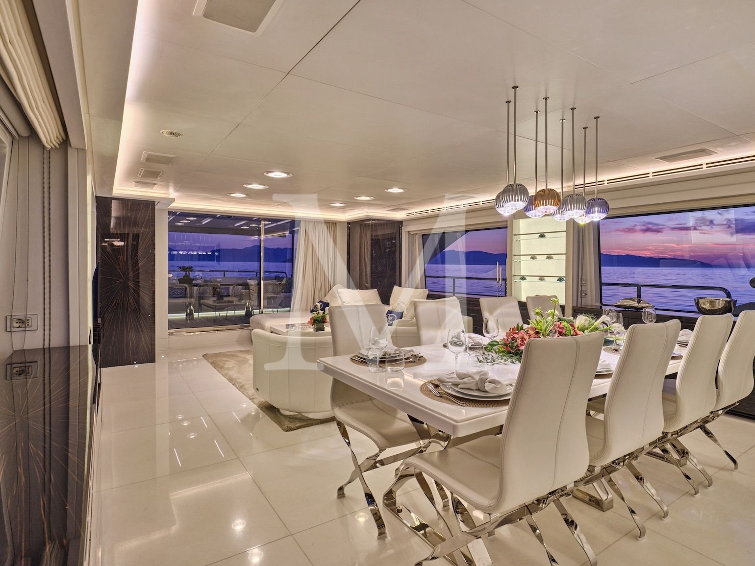 GALA I yacht charter greece, fendi interior, salon, sunset2