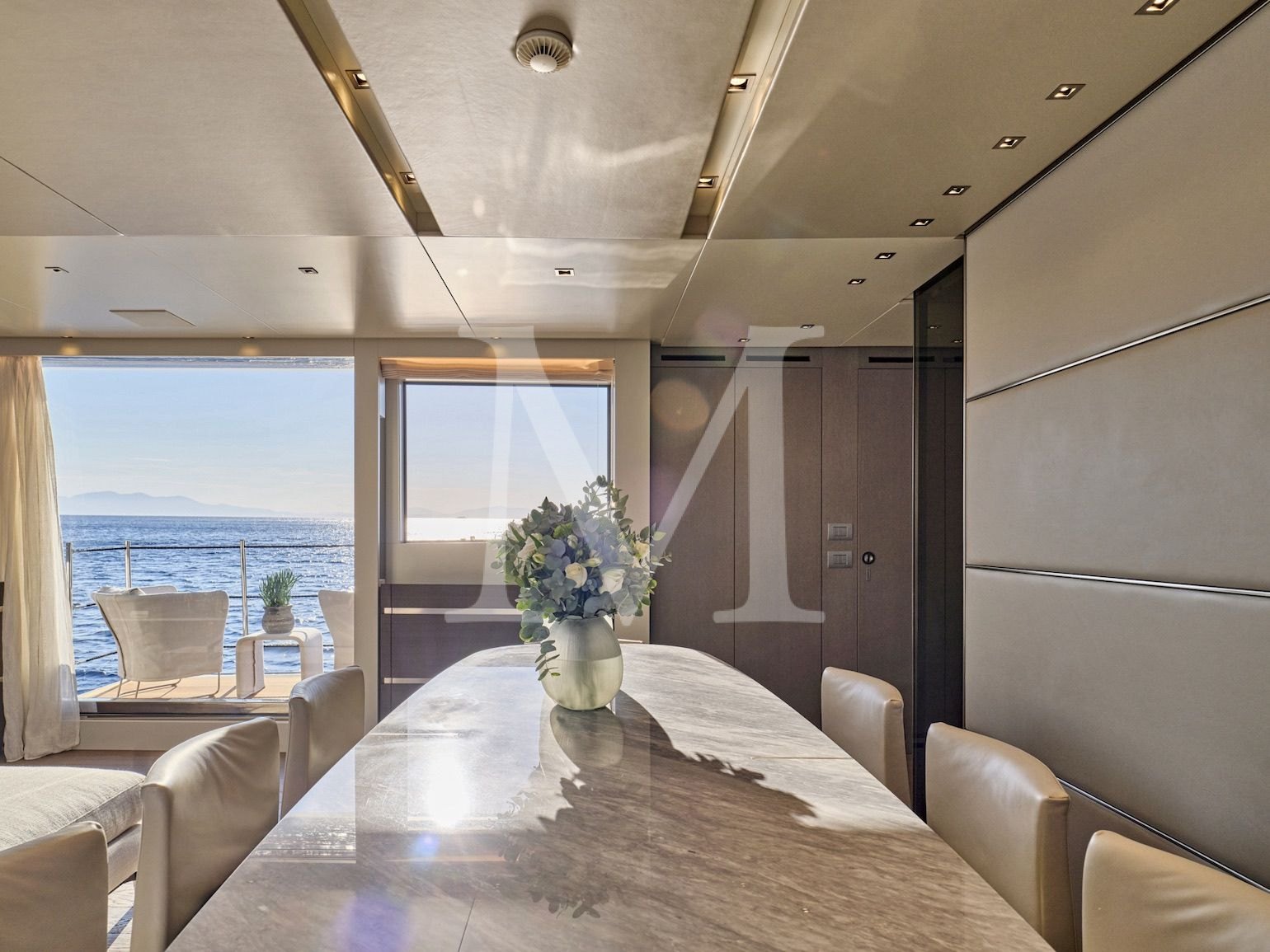 dining interior on yacht Alein refitted SL96
