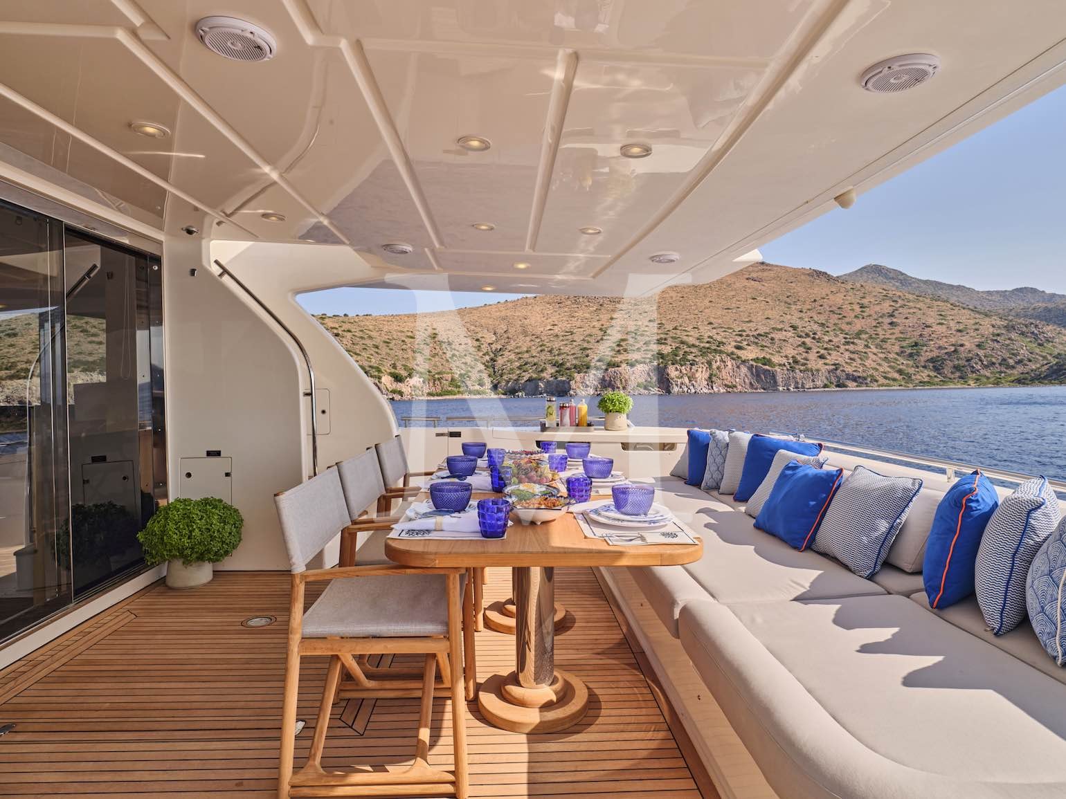 24m Ferretti Bon Bon charter greece aft deck breakfast