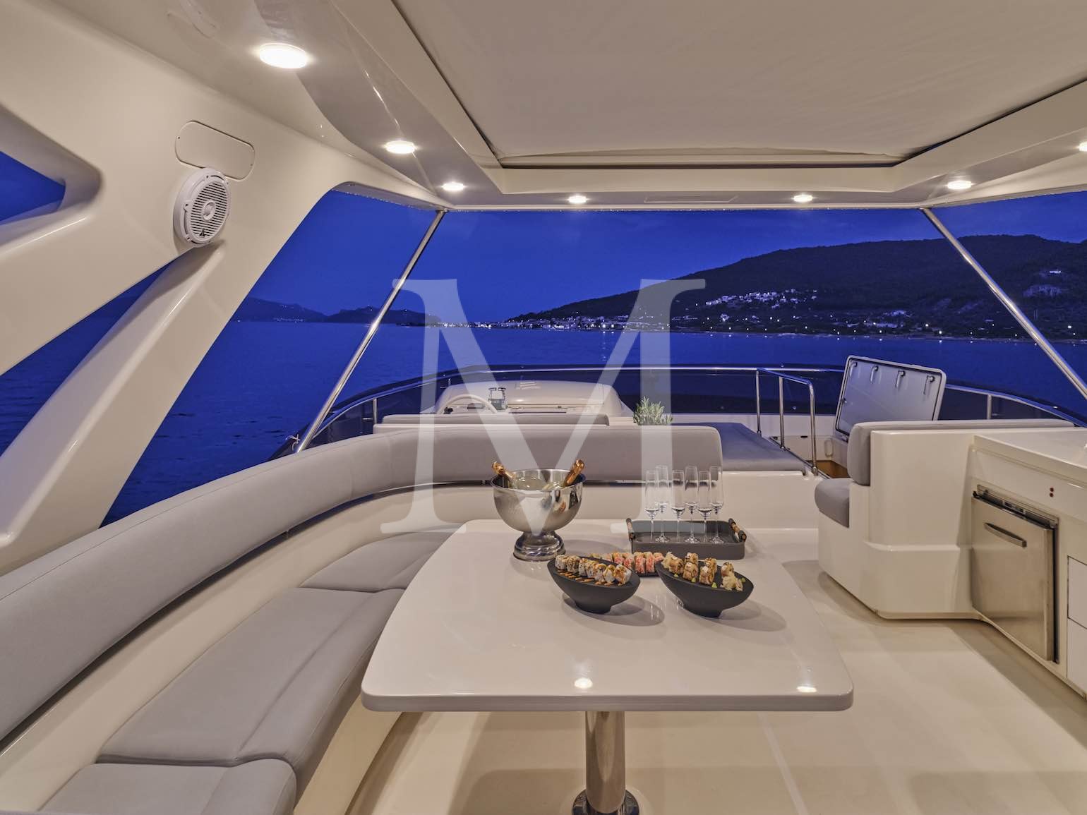 24m Ferretti Bon Bon charter greece Flybridge evening